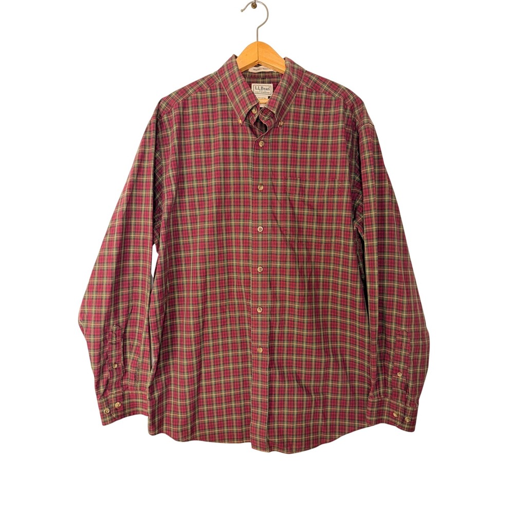 LL Bean Mens Red Green Plaid Button Down Shirt L-Reg Wrinkle Resistant Preppy